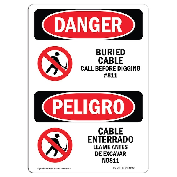 OSHA, Buried Cable Call Before Digging Bilingual, 24in X 18in Rigid Plastic, 18" W, 24" L, Spanish
